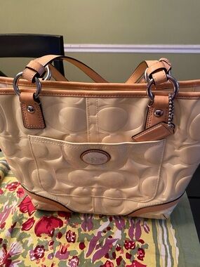 Coach Cream Patent Leather Tote with Tan Trim